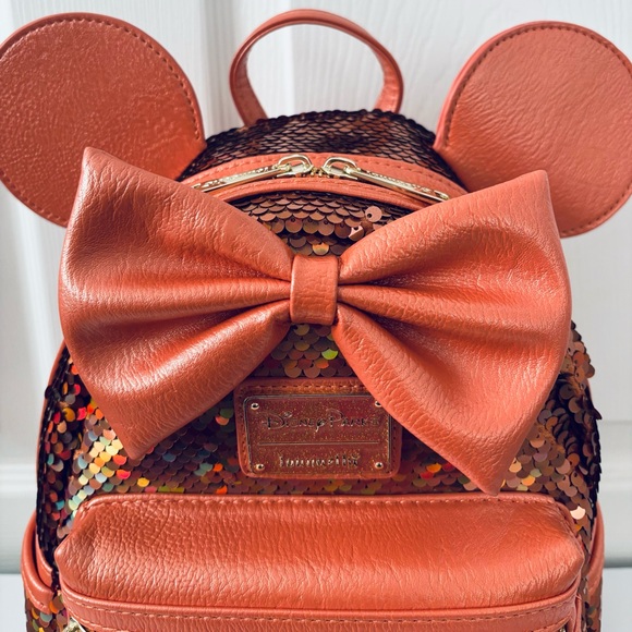 Loungefly Minnie Mouse Sequined Mini Backpack Peach Punch & Ears Headband - Picture 3 of 11